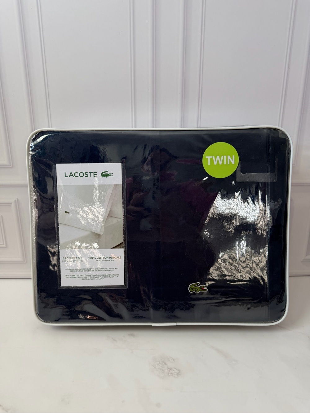 Lacoste Twin Sheet Set 3 Piece 100% Cotton Percale Medieval Blue Crocodile